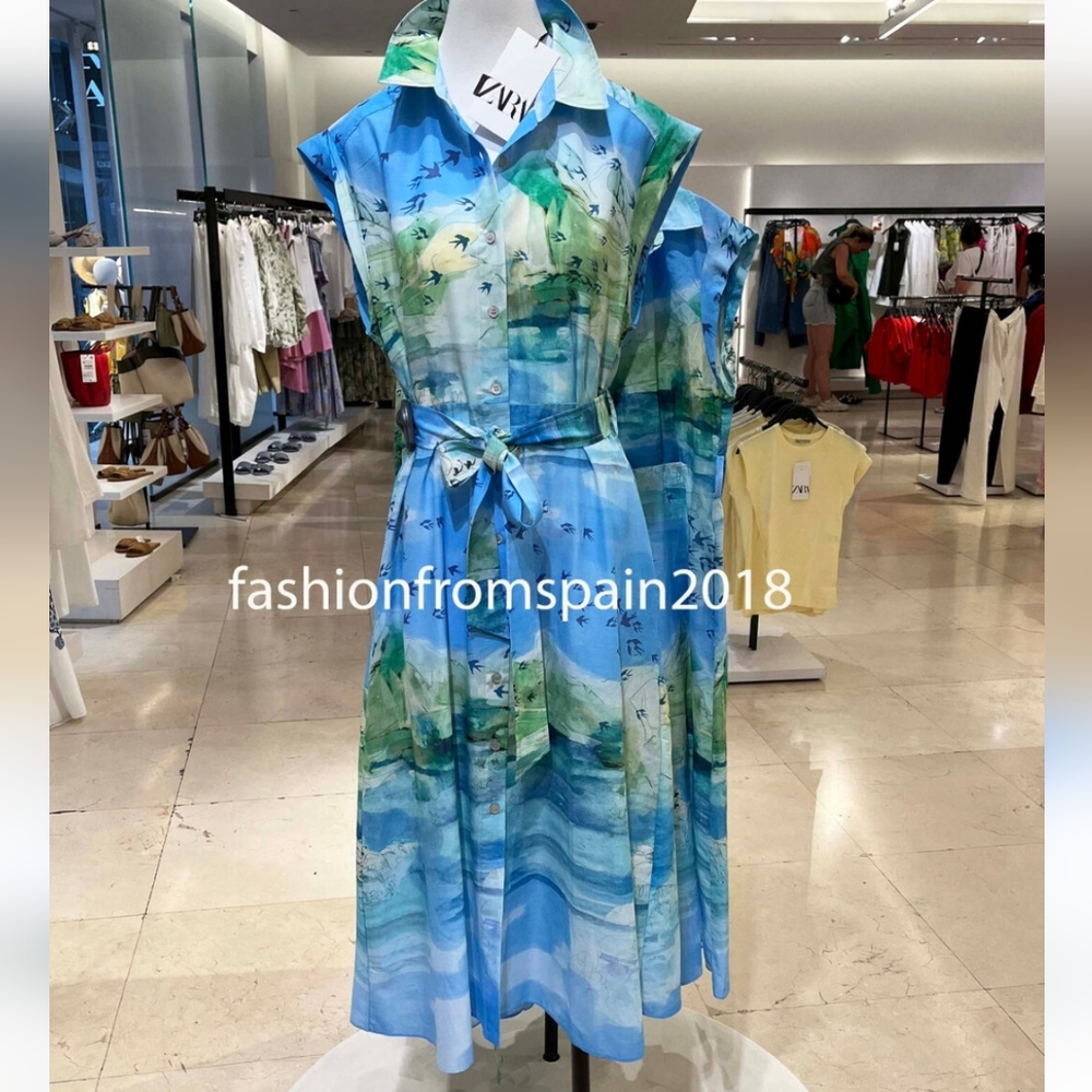 Zara Japanese Nature Watercolor Bird Print belted Midi Shirt Dress NWT 2183/014 - Picture 3 of 11